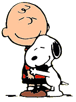 Charlie Brown hugging Snoopy. 