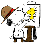 Snoopy painting Woodstock. 